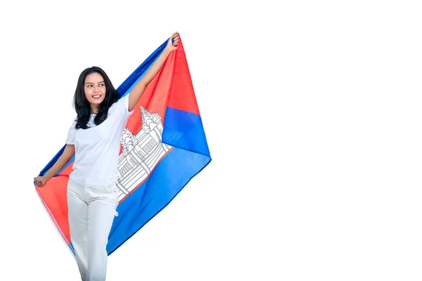 아시아 여성들은 일하얀 캄보디아 국기를 시킴으로써 캄보디아 독립일을 — 스톡 사진