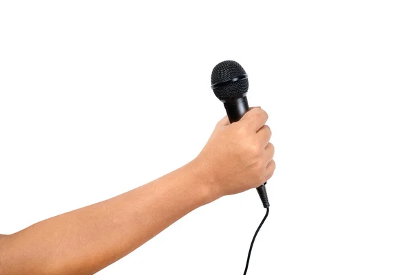 Emberi Kéz Tartó Mikrofon Elszigetelt Fehér Háttér — Stock Fotó