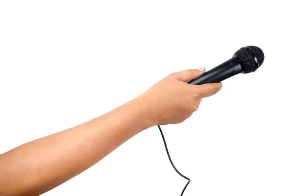 Mão Humana Segurando Microfone Isolado Sobre Fundo Branco — Fotografia de Stock