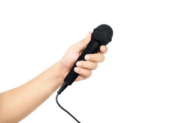 Lidská Ruka Drží Mikrofon Izolovaný Přes Bílé Pozadí — Stock fotografie