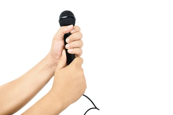 Ludzka Ręka Trzyma Mikrofon Izolowany Białym Tle — Zdjęcie stockowe