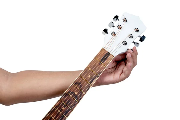 Man Tuning Guitar String Isolated White Background — Fotografia de Stock