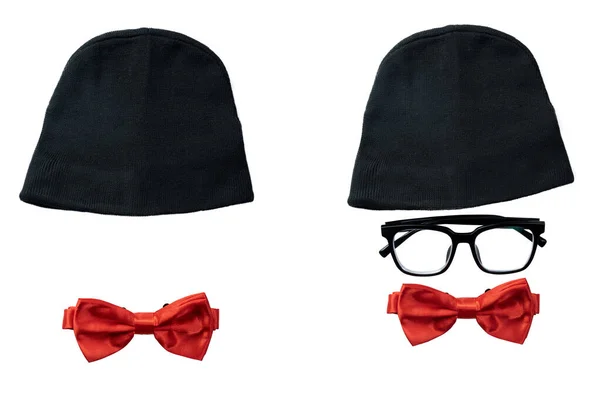 黑色的帽子 眼镜和红色的领结与白色背景隔离在一起 — 图库照片
