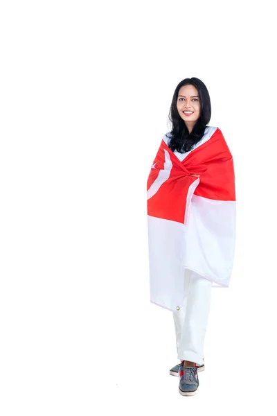 Азійські Жінки Відзначають День Незалежності Сінгапуру Серпня Тримаючи Національний Прапор — стокове фото