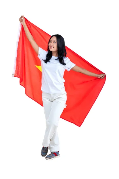 Азиатские Женщины Празднуют День Независимости Вьетнама Сентября Держа Флаг Вьетнама — стоковое фото