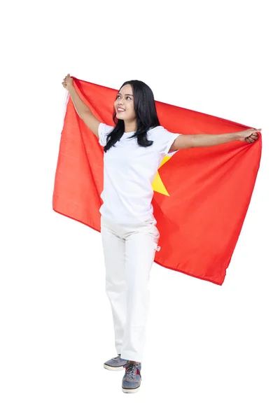 Azjatki Świętują Dzień Niepodległości Wietnamu Września Trzymając Flagę Wietnamu Białym — Zdjęcie stockowe