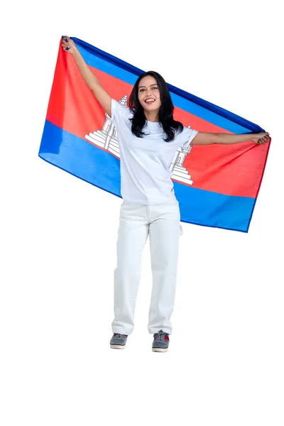 아시아 여성들은 일하얀 캄보디아 국기를 시킴으로써 캄보디아 독립일을 — 스톡 사진