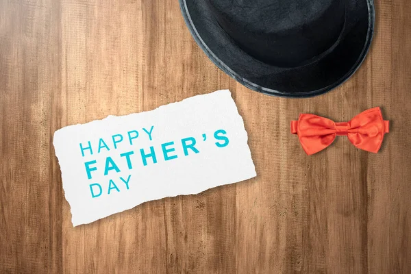 Black Hat Red Bow Tie Wooden Background Fathers Day Concept — Stock Photo, Image