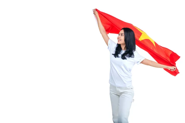 Mulheres Asiáticas Celebram Dia Independência Vietnã Setembro Segurando Bandeira Vietnã — Fotografia de Stock