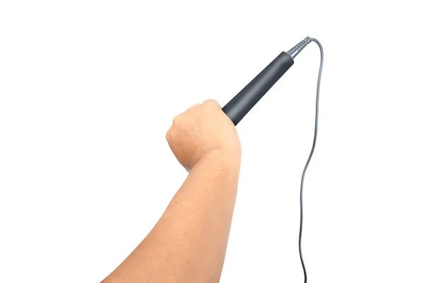 Menselijke Hand Houden Microfoon Geïsoleerd Witte Achtergrond — Stockfoto