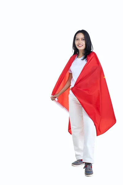Asian Women Celebrate Vietnam Independence Day September Holding Vietnam Flag — Stock Photo, Image