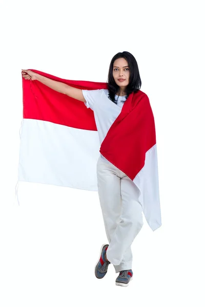 Indonesische Vrouwen Vieren Indonesische Onafhankelijkheidsdag Augustus Door Indonesische Vlag Geïsoleerd — Stockfoto