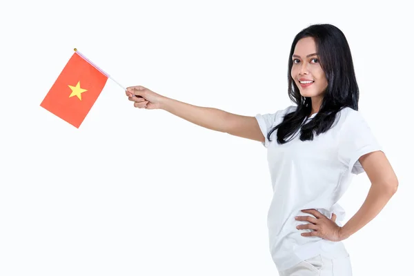 Mujeres Asiáticas Celebran Día Independencia Vietnam Septiembre Sosteniendo Bandera Vietnam —  Fotos de Stock