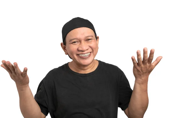 在白人背景下 一个有着快乐面部表情的亚洲男人的画像 模因脸概念 — 图库照片