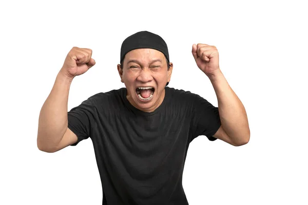 Portret Van Een Aziatische Man Met Een Opgewonden Gezichtsuitdrukking Geïsoleerd — Stockfoto