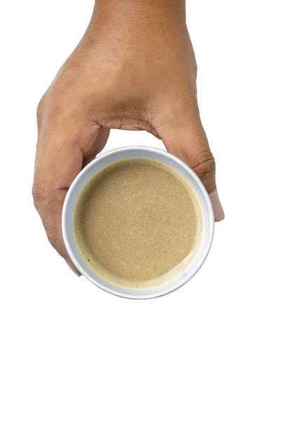 Человеческая Рука Держит Кофе Бумажной Чашке Изолированы Белом Фоне — стоковое фото