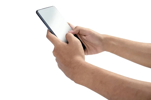 Människans Hand Håller Mobiltelefon Med Svart Skärm Isolerad Över Vit — Stockfoto