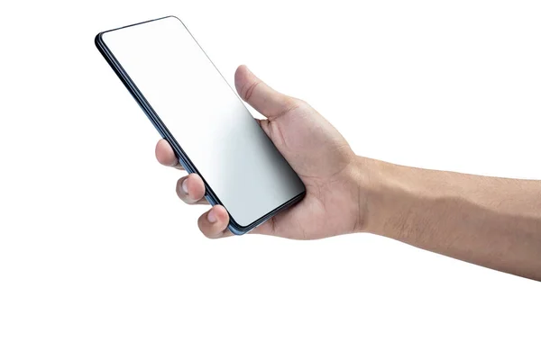 Människans Hand Håller Mobiltelefon Med Svart Skärm Isolerad Över Vit — Stockfoto