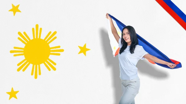 Fülöp Szigeteki Zászlóval Rendelkező Ázsiai Nők Június Ünneplik Fülöp Szigeteki — Stock Fotó