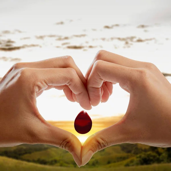 Human Hand Heart Shape Showing Red Blood Drop World Blood — Stock Photo, Image