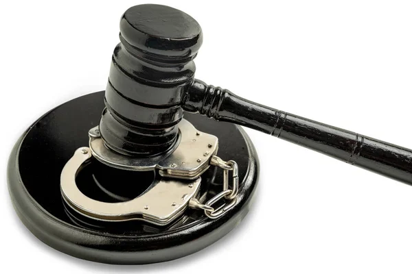 Judge Gavel Soundboard Handcuff White Background Law Justice Concept — Stock Photo, Image