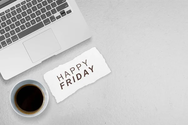 Laptop Coffee Cup Happy Friday Text Happy Friday Concept — Stock Photo, Image