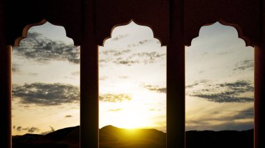 Manzara manzaralı ve günbatımı manzaralı cami kapısı kemeri.