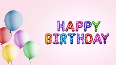 Renkli doğum günü balonları ve parlak arkaplanlı mutlu yıllar. Mutlu yıllar.