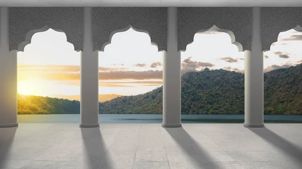 Καμάρα Πόρτας Τζαμιού Θέα Στο Τοπίο Και Φόντο Ηλιοβασίλεμα — Φωτογραφία Αρχείου