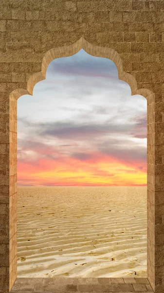 stock image Mosque door arch with landscape view and sunset scene background