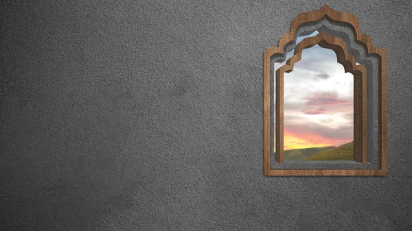Moskee Venster Boog Muur Met Een Zonsondergang Scene Achtergrond — Stockfoto