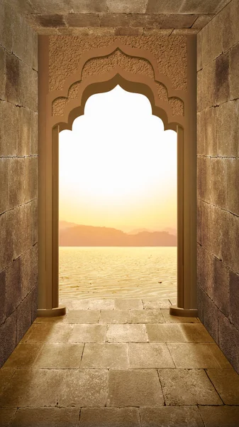 Moskee Deur Boog Met Uitzicht Het Landschap Zonsondergang Scène Achtergrond — Stockfoto