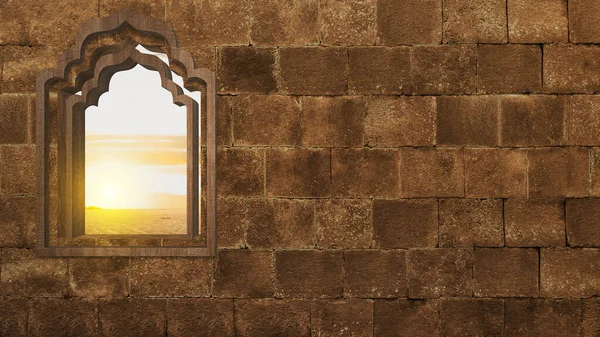 Jendela Masjid Melengkung Dinding Dengan Latar Belakang Adegan Matahari Terbenam — Stok Foto