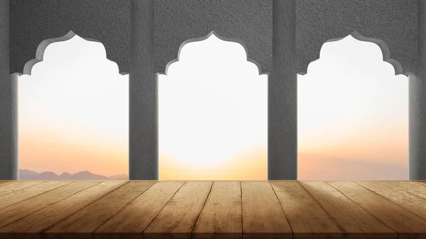景観と日没のシーンの背景とモスクのドアアーチを持つ木製の床 — ストック写真