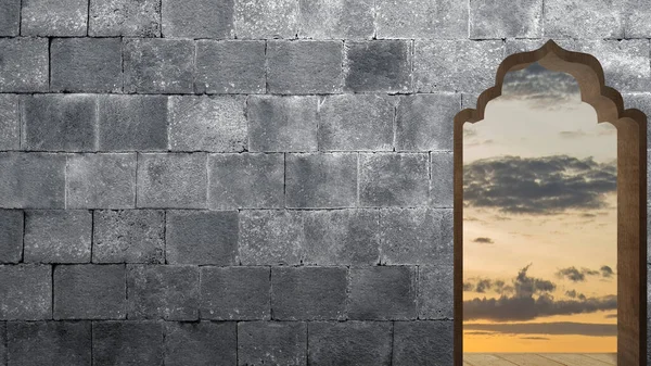 Moskee Deur Boog Met Uitzicht Het Landschap Zonsondergang Scène Achtergrond — Stockfoto