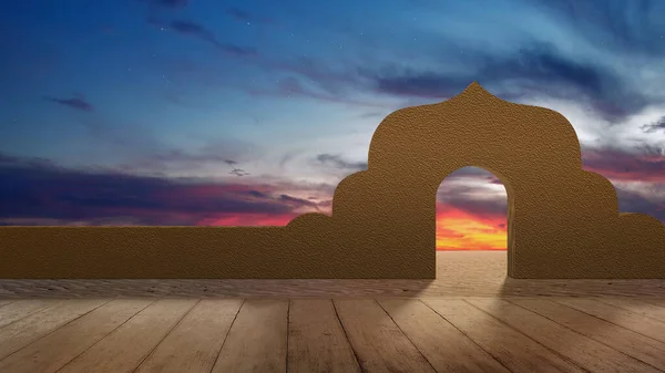 Lantai Kayu Dengan Gerbang Masjid Dengan Pemandangan Lanskap Dan Latar — Stok Foto