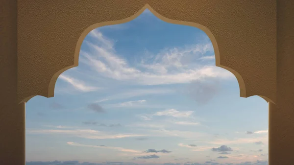 Moskee Deur Boog Met Uitzicht Het Landschap Blauwe Lucht Achtergrond — Stockfoto