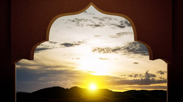 Meczet Drzwi Łuk Widokiem Krajobraz Zachód Słońca Scena Tło — Zdjęcie stockowe