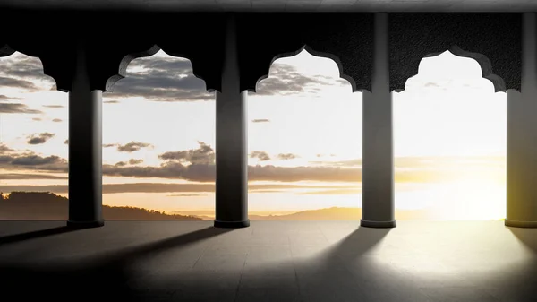 Meczet Drzwi Łuk Widokiem Krajobraz Zachód Słońca Scena Tło — Zdjęcie stockowe