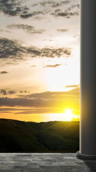 Meczet Drzwi Widokiem Krajobraz Zachód Słońca Scena Tło — Zdjęcie stockowe