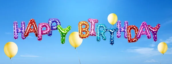 Balões Aniversário Coloridos Com Cumprimentos Aniversário Felizes Nos Fundos Céu — Fotografia de Stock