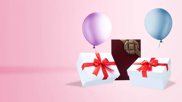 Balões Aniversário Coloridos Caixas Presente Fundos Brilhantes Cartão Aniversário Feliz — Fotografia de Stock