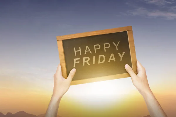 Human Hand Holding Blackboard Happy Friday Text Happy Friday Concept — Stock Photo, Image