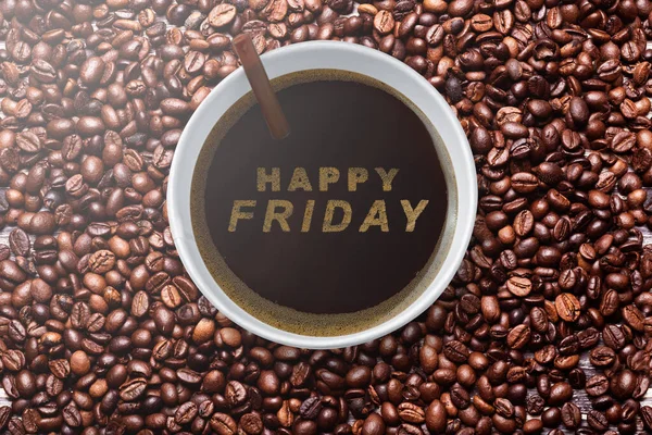 Coffee cup with a Happy Friday text. Happy Friday concept