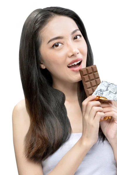 Portrait Asian Beautiful Woman Long Hair Holding Chocolate Bar Isolated — Stock Photo, Image