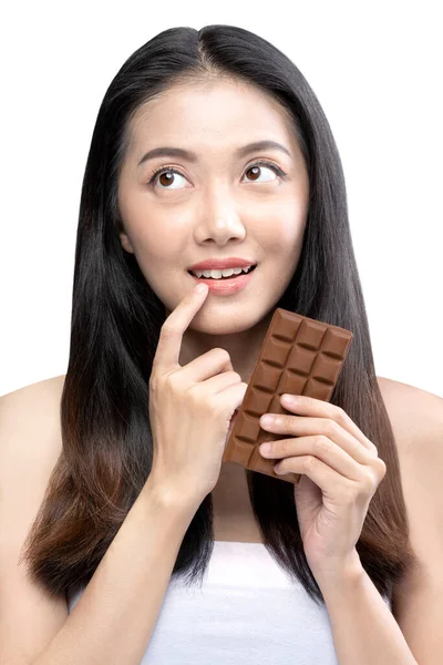 Portrait Asian Beautiful Woman Long Hair Holding Chocolate Bar Isolated — Stock Photo, Image