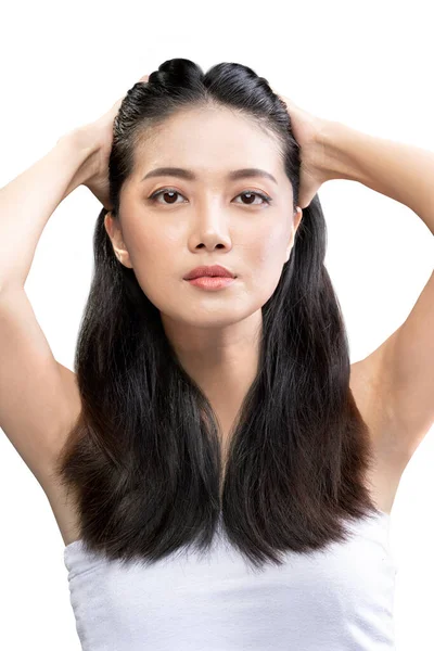 Portrait Une Belle Femme Asiatique Aux Cheveux Longs Isolés Sur — Photo