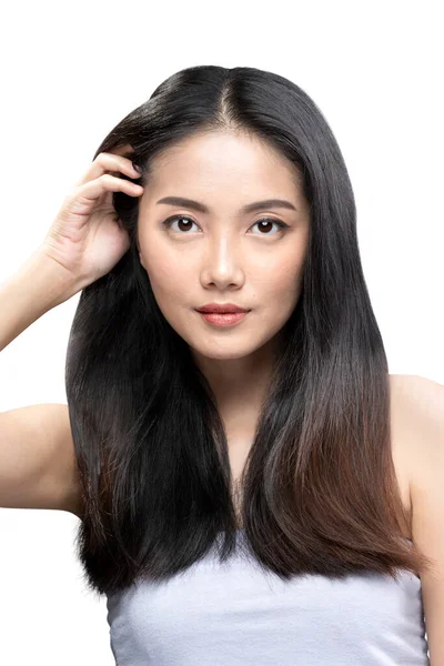 Портрет Азиатской Красивой Женщины Длинными Волосами Белом Фоне — стоковое фото