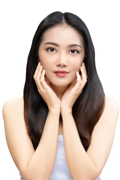 Portrét Asijské Krásné Ženy Dlouhými Vlasy Izolované Přes Bílé Pozadí — Stock fotografie