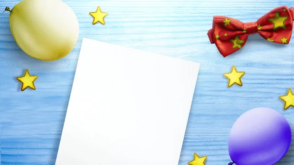 Papyonlu Renkli Doğum Günü Balonları Renkli Arka Planda Boş Kağıtlı — Stok fotoğraf